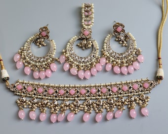 Pink Polki Choker Set: Indian Bridal Jewelry with Jhumka & Tikka