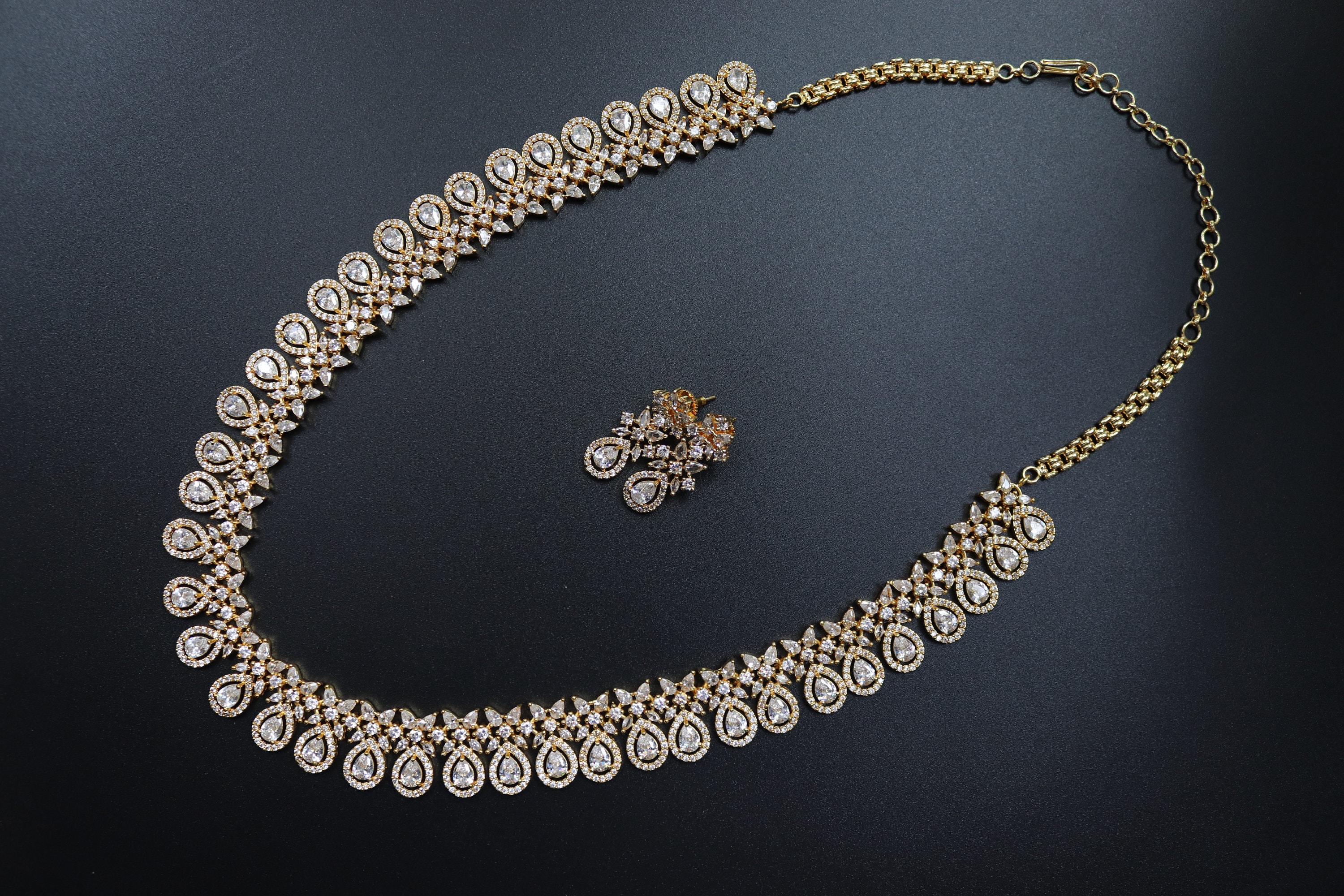Gold CZ Indian Necklace Set: Rani Haar Wedding Jewelry