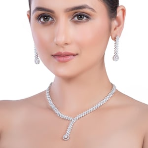 CZ Diamond Bridal Necklace Set: White Rhodium Wedding Jewelry