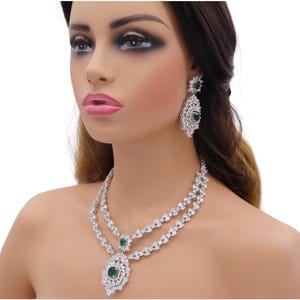 Mia Green Layered Necklace, American Diamond Necklace, Indian Jewelry, Indian Necklace, Pakistani Jewelry, Statement Necklace, Long Necklace