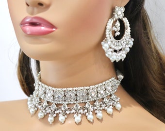 Silver Polki Choker Set: Indian Pakistani Jewelry with Tikka
