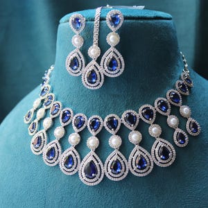 Tina Blue CZ Necklace Set American Diamond , Statement Necklace, Crystal Necklace, Indian Jewelry, Pakistani Jewelry, Sapphire Necklace