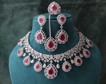 Robijnzilveren CZ choker ketting set: Amerikaanse diamant Indiase sieraden