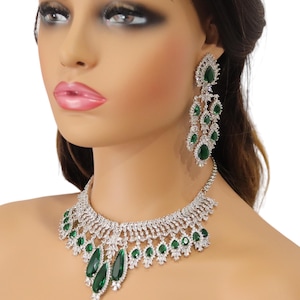 Lina Silver Emerald Green Necklace Set, Emerald Choker Necklace, Pakistani Jewelry, Indian Jewelry, American Diamond Necklace, CZ Necklace