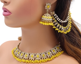 Jiva Yellow Polki Indian Bridal Jewelry Set: Necklace, Ear Chain, Tikka