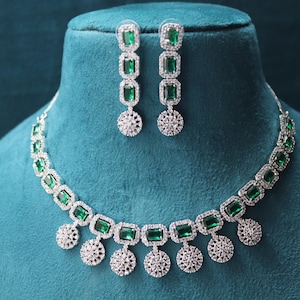 Green CZ Necklace Set: White Rhodium Plated Brass, Wedding Jewelry