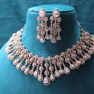 Rose Gold CZ Necklace Set: Indian Bridal Jewelry