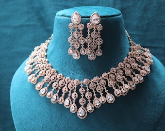 Rose Gold CZ Necklace Set: Indian Bridal Jewelry