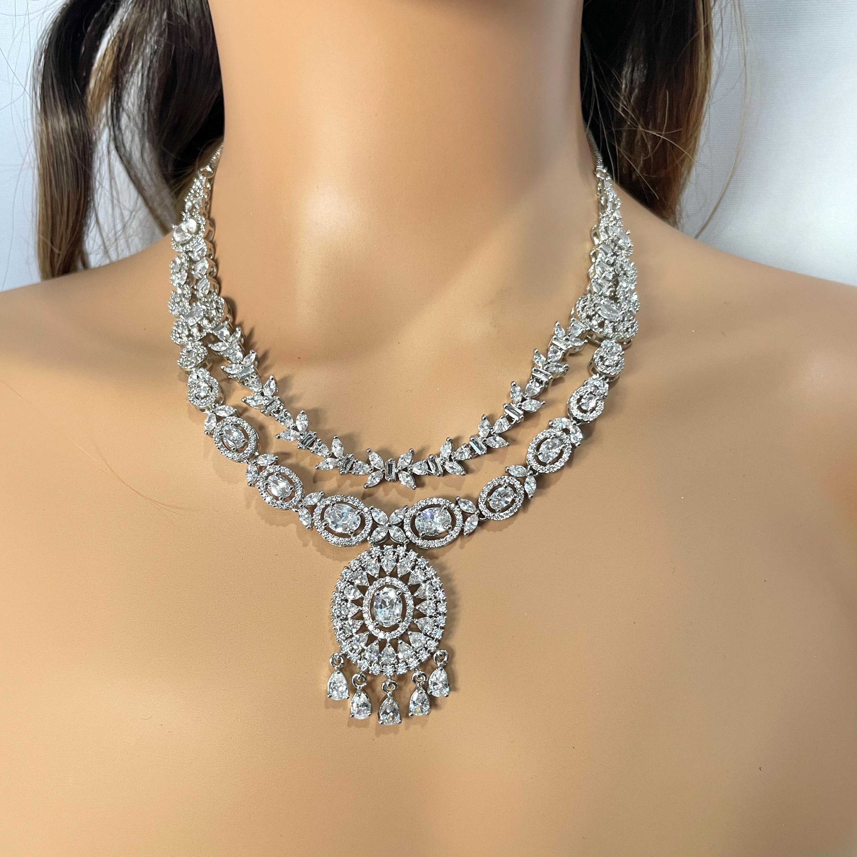 Handmade CZ Statement Necklace: Two-Layer Indian Jewelry Set