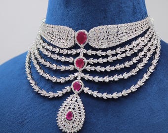 Conjunto de gargantilla nupcial con circonitas rubí y Tikka - Collar de novia