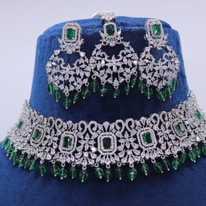 Emerald CZ Choker Necklace Set: American Diamond Indian Bridal Jewelry