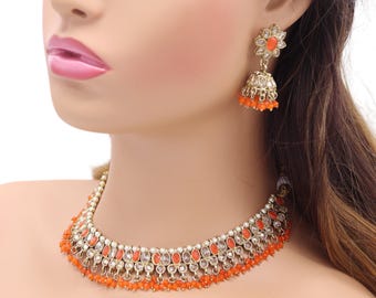 Zoe Orange Polki Choker Necklace, Indian Jewelry, Punjabi Jewelry, Indian Choker, Purple Necklace Polki Jewelry Kundan Necklace