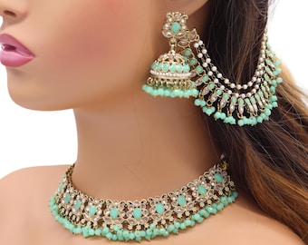 Jiva Mint Polki Choker Necklace Ear Chain Set: Indian Wedding Jewelry