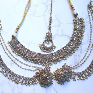 Gold Kundan Bridal Set with Pearl Drops | Indian Wedding Jewelry | Polki Choker and Jhumka Set | Pakistani Necklace | Ear Chain Necklace