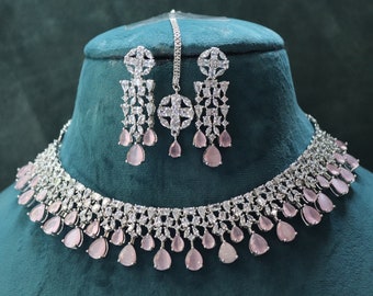 June Pink CZ American Diamond Necklace Set: Indian Bollywood Jewelry
