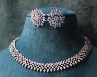 Jane CZ Wedding Necklace Set: White Rhodium Plated Indian Jewelry