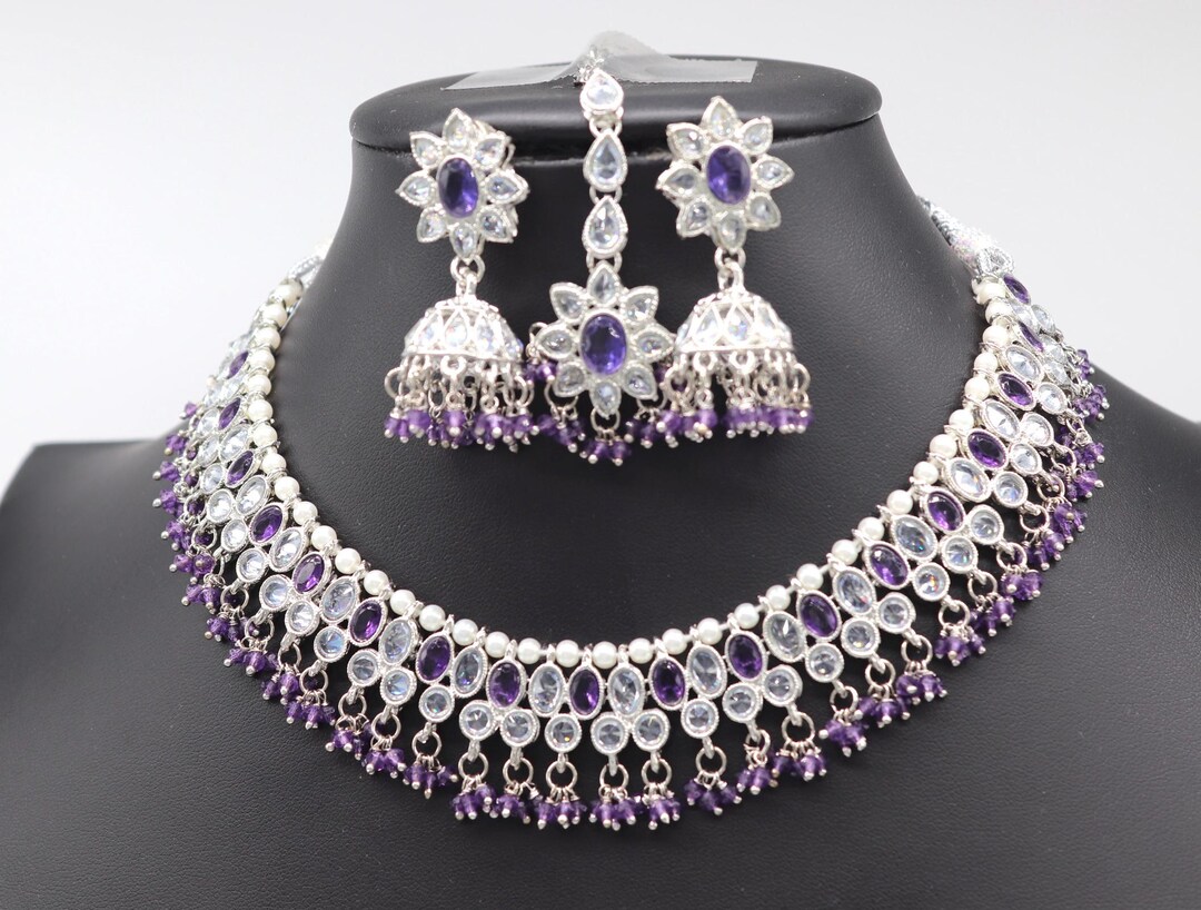 Etyset Zoe Silver Purple Polki Choker Necklace, Indian Jewelry Set - Etsy