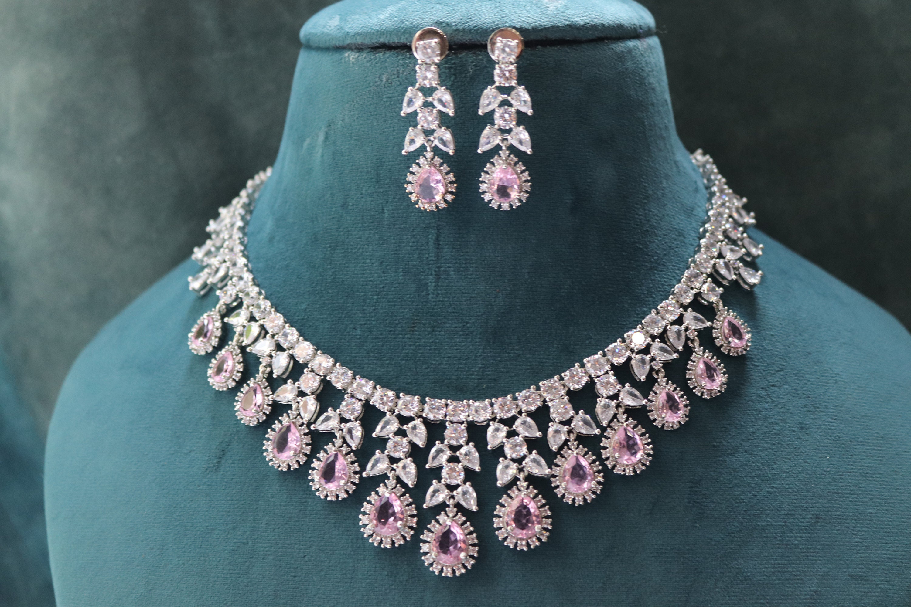 May Pink CZ Necklace American Diamond Necklace Indian