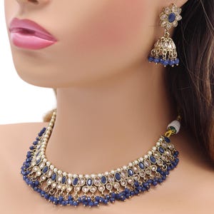 Zoe Blue Gold Polki Choker Necklace, Indian Jewelry, Punjabi Jewelry, Indian Choker, Purple Necklace Polki Jewelry Kundan Necklace