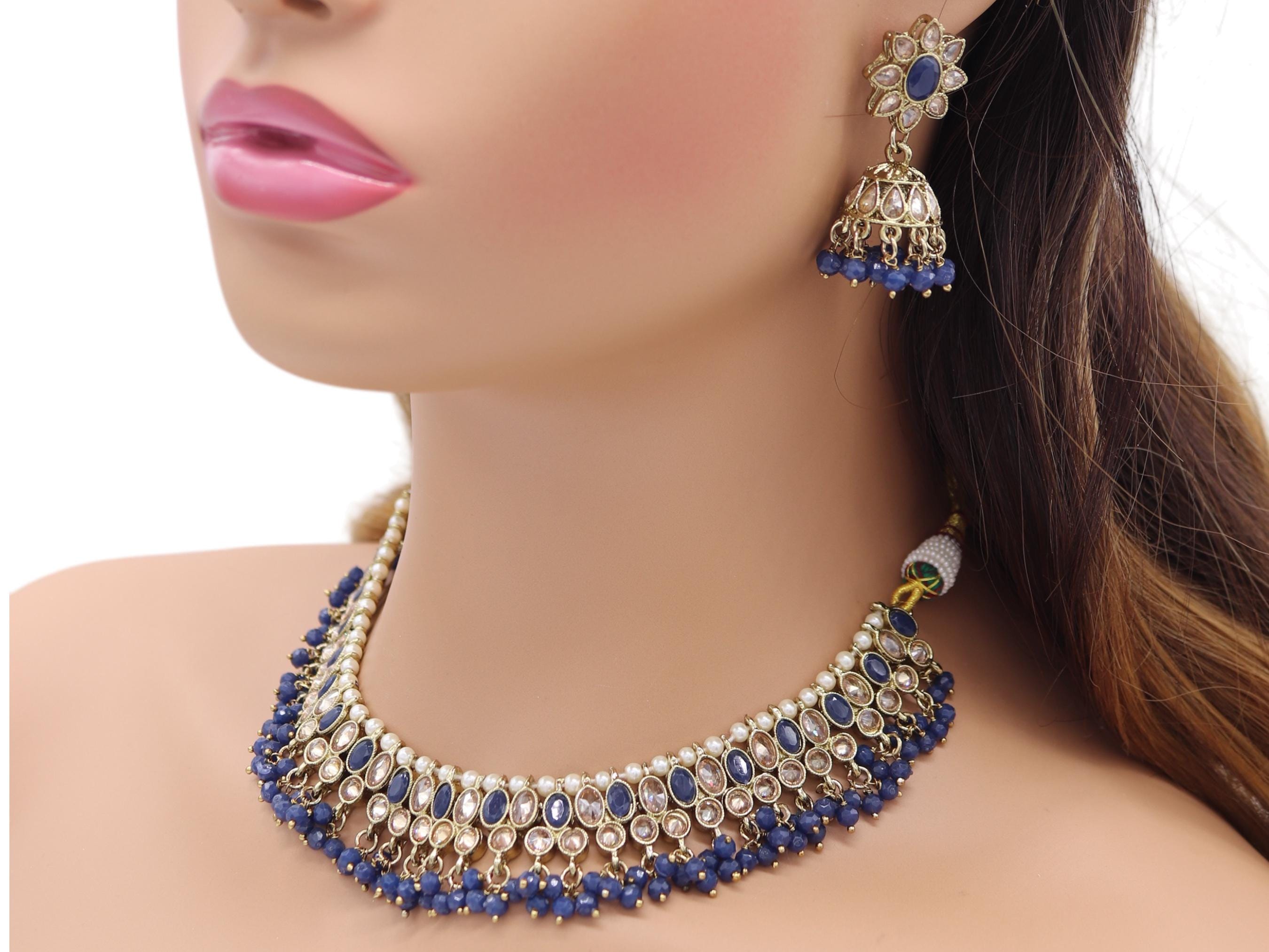 Handmade Blue Polki Choker Necklace: Indian Kundan Jewelry Set - Main Image