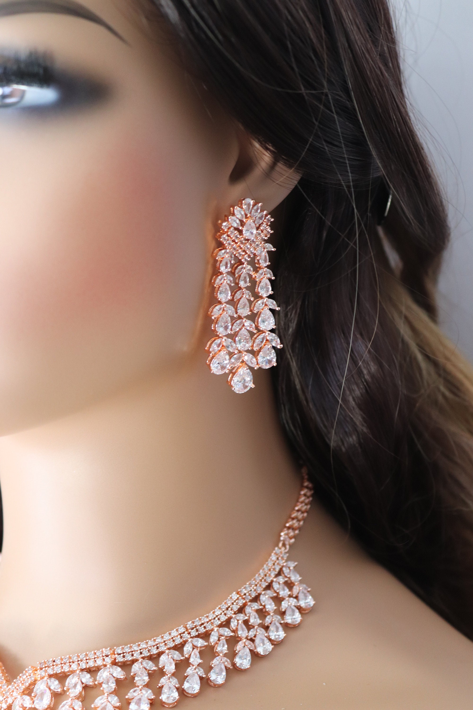 Diana Rose Gold CZ Necklace Set: Indian Bridal Jewelry - Etsy Israel