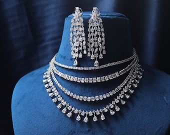 CZ Layered Choker Necklace Set: Bridal Diamond Look Indian Wedding Jewelry