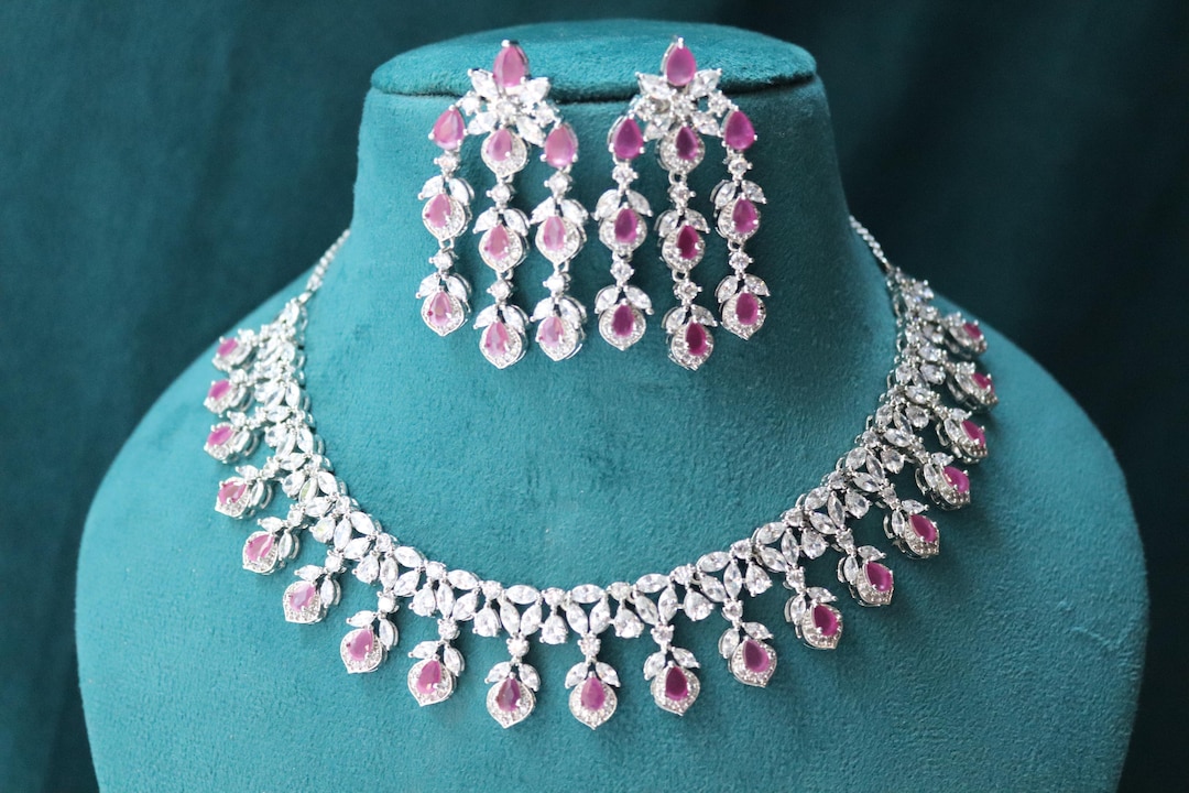 Lina Ruby CZ Diamond Choker Set: Bollywood Indian Silver Necklace - Etsy