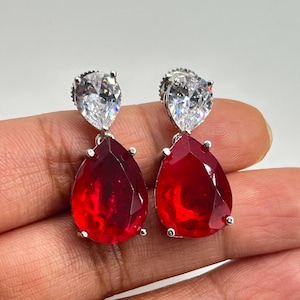 Ruby Red Drop Wedding Earrings Big Stone Fake Diamond Cubic Zirconia Statement Earrings