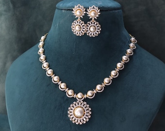 Gold  Pearl CZ Diamond Necklace American Diamond Set Long Necklace Indian Jewelry Pakistani Jewelry Diamond Pearl Long Necklace Fake Diamond