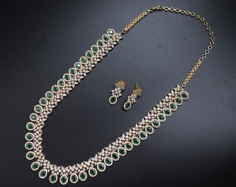 Long Gold Emerald CZ Necklace Set: Indian Rani Haar Jewelry
