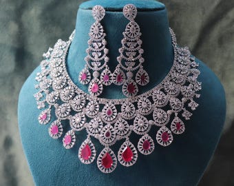 Conjunto de collar nupcial de plata, rubí y circonita cúbica - Conjunto de diamantes americanos