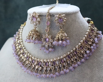 Collana girocollo Polki di lavanda: set di gioielli indiani Kundan