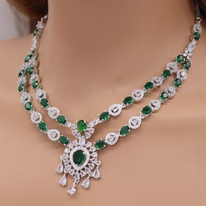 Two Layer Emerald Green CZ Necklace American Diamond Necklace Indian Jewelry Indian Necklace Pakistani Jewelry AD Jewelry Hollywood Necklace