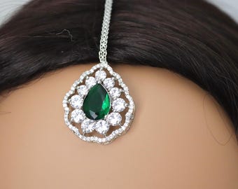 Emerald Green Silver Tikka: Cubic Zirconia Indian Headpiece