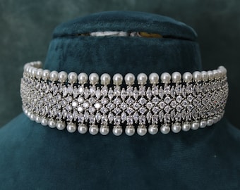 Pearl CZ Choker Necklace Set: Indian Wedding Jewelry