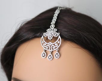 Silver CZ Tikka: Indian Bridal Forehead Jewelry