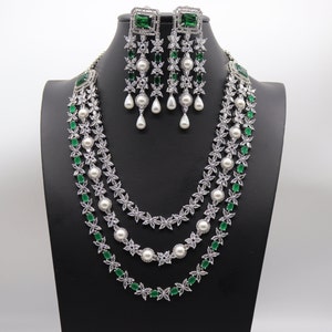 Misha Emerald Long Green CZ Necklace American Diamond Necklace Indian Jewelry Indian Necklace Pakistani Jewelry Necklace Set