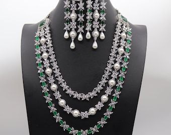 Misha Emerald Long Green CZ Necklace American Diamond Necklace Indian Jewelry Indian Necklace Pakistani Jewelry Necklace Set