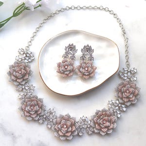Rose Gold Floral Choker Set: Silver CZ Bridal Jewelry