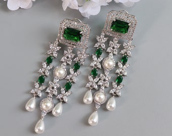 Vanya Emerald Pearl Earrings Indian Earring, American Diamond Earrings, Emerald Long Earrings, Indian Jewelry