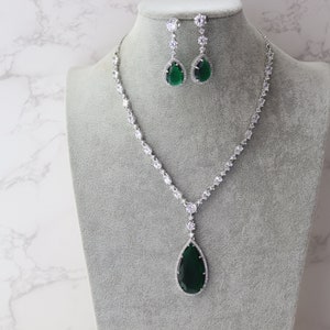 Sara Long Green CZ Pendant, CZ Necklace, American Diamond Necklace, Indian Jewelry, Indian Necklace, Pakistani Jewelry, Statement Necklace