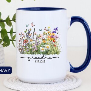 New Grandma Mug Personalized, First Time Grandmother Gift, Flower Mug Nanna Coffee Cup, Custom 1st Time Grandma Gift, Pregnancy Announcement White/Navy 15 oz