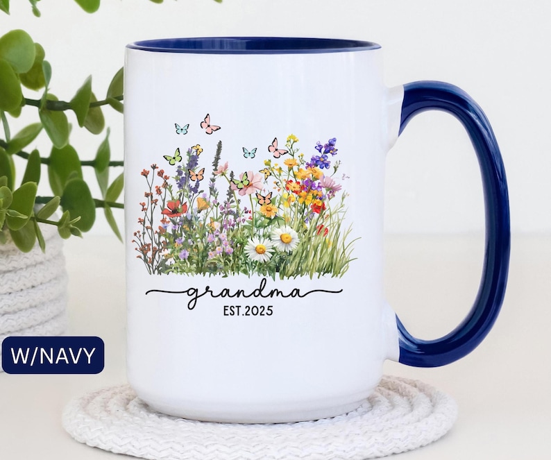 New Grandma Mug Personalized, First Time Grandmother Gift, Flower Mug Nanna Coffee Cup, Custom 1st Time Grandma Gift, Pregnancy Announcement White/Navy 15 oz