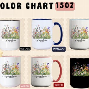 May include: A color chart displays six ceramic mugs, each with a white base and a different colored handle and interior rim. The mugs feature a floral design with butterflies and the word "grandma" and the year "2025".