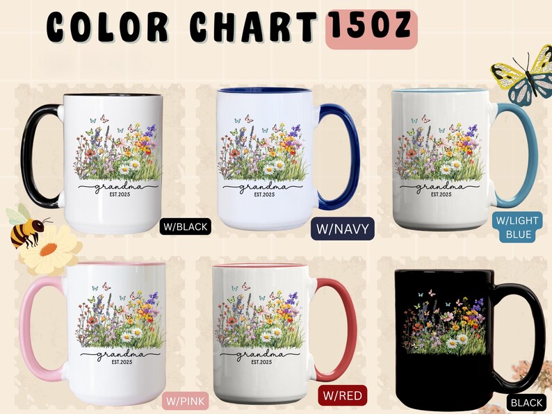May include: A color chart displays six ceramic mugs, each with a white base and a different colored handle and interior rim. The mugs feature a floral design with butterflies and the word "grandma" and the year "2025".