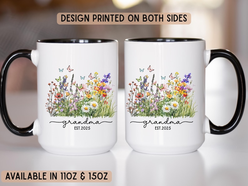 New Grandma Mug Personalized, First Time Grandmother Gift, Flower Mug Nanna Coffee Cup, Custom 1st Time Grandma Gift, Pregnancy Announcement White/Black 15oz