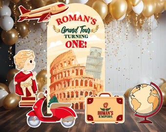 Rome Travel Adventure Theme Backdrop Birthday – Watercolor Airplane & Roma Landmarks | Baby Shower | Rigid Board Cutout Decorations