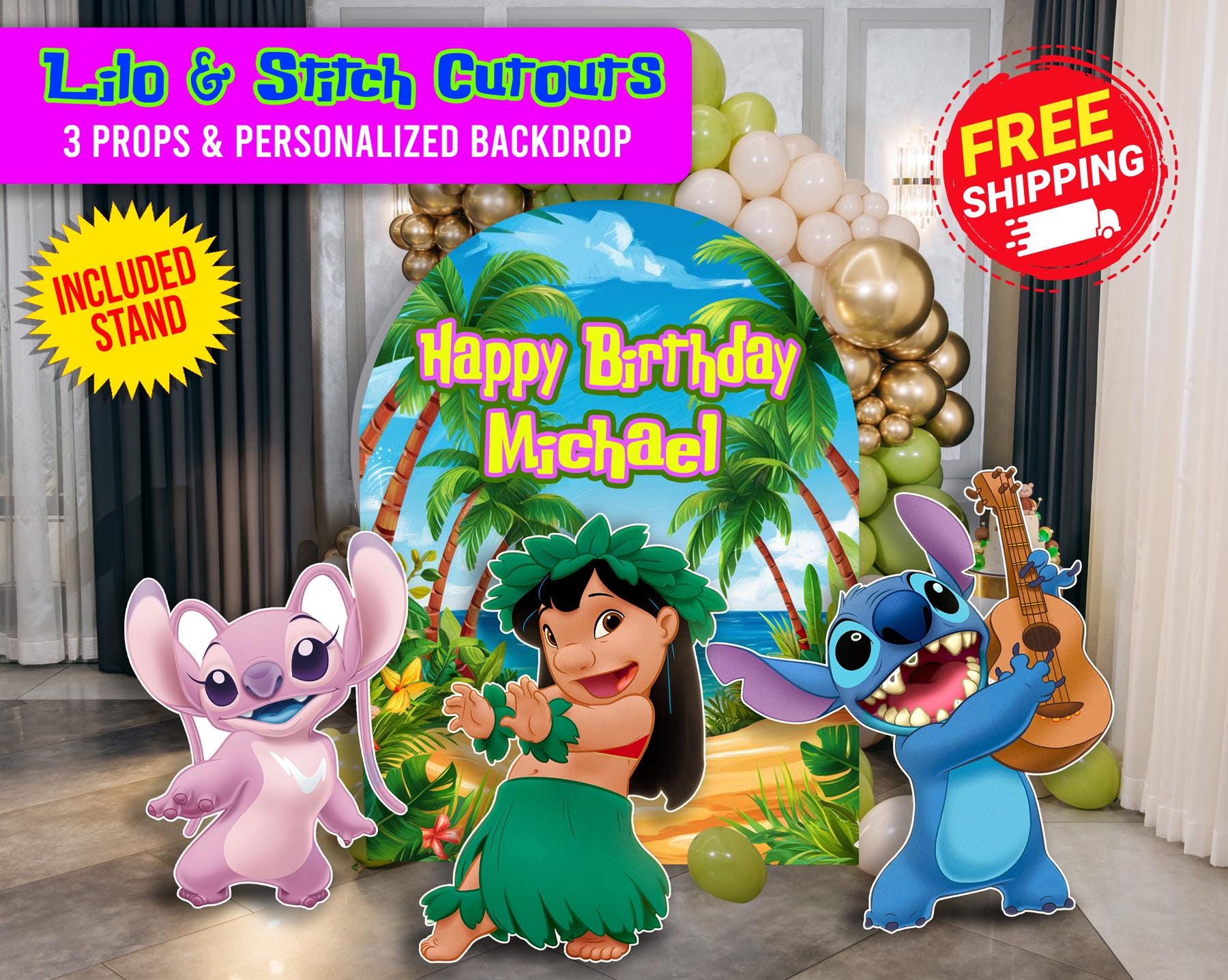 Lilo and stitch cutouts, Birthday Decor, Surf Backdrop, Baby Shower Props, Custom character standees, Luau Theme