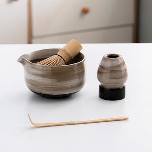 Unique Ceramic Matcha Whisk Set with Bamboo Whisk and Chasen Holder, Vintage Ceramic Bowl Set for Matcha Lovers
