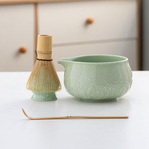 Ceramic Matcha Whisk Set with Bamboo Whisk and Chasen Holder Light Green Matcha Tea Set 600ml